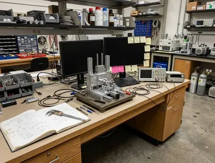 Research bench with printed electronics samples prepared for measurement