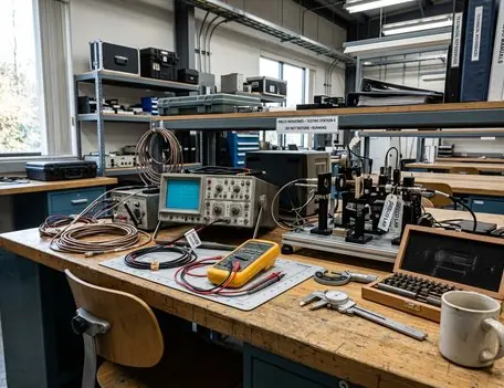 Technical reference notes and printed circuit samples on an engineering desk